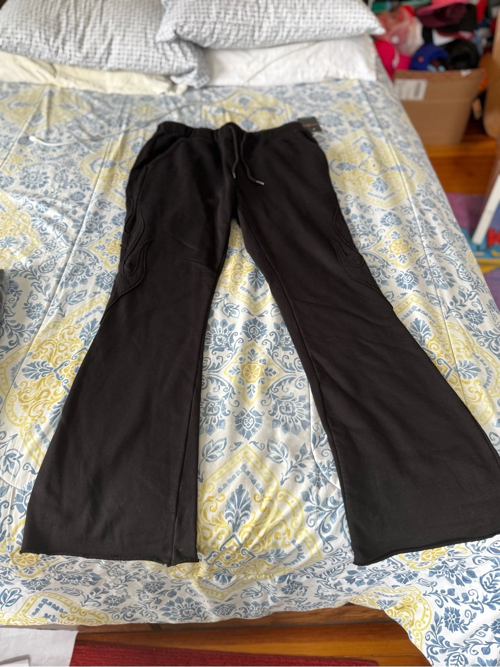 Copper Rivet Mens Black Flared Joggers with Drawstring Waist